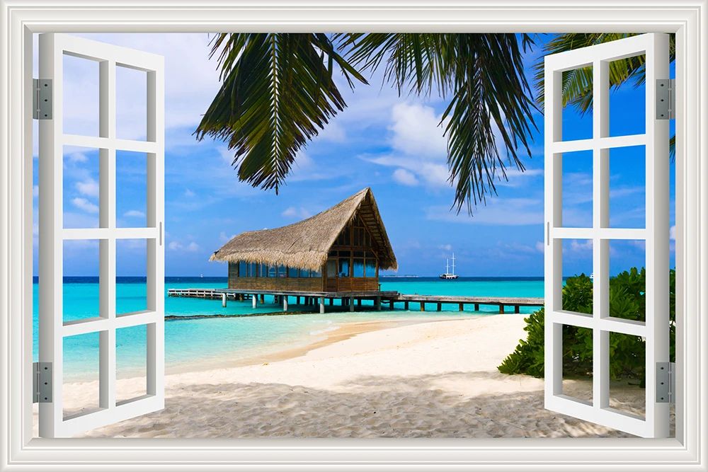 3D Beach Window View Wall Sticker – Ocean Sky Landscape Peel & Stick PVC Wallpaper