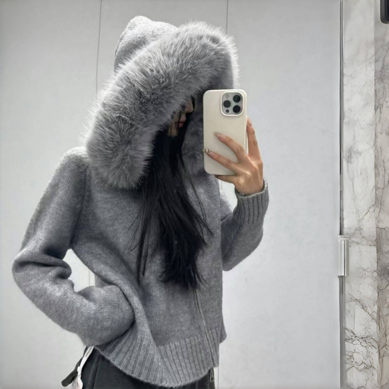 Women Fur Collar Autumn Sweater Coat Loose Fit Zipper Pullover