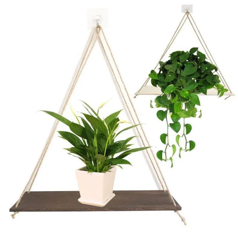 Boho Hanging Plant Shelf Wooden Wall Shelf with Rope - Wall Hanging Planter Display Rack