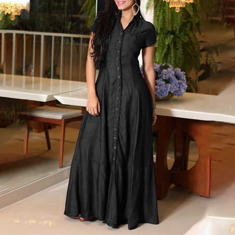 Casual Elegant Denim Dress with Long Sleeve Shirt Neck Pocket Large Swing and Single Breasted Design