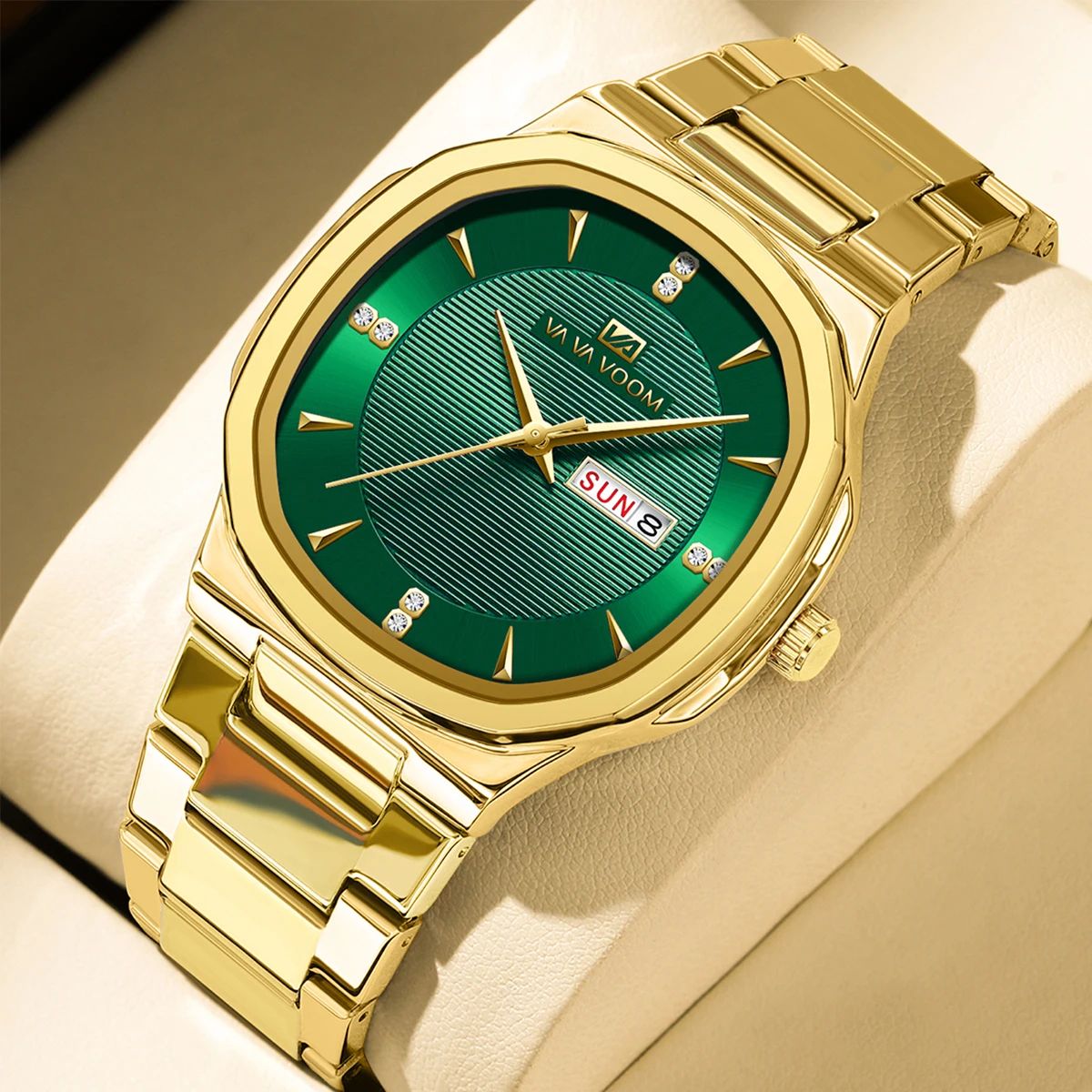 VA VA VOOM Gold Rhinestone Men's Luxury Watch – 41MM Stainless Steel Waterproof Quartz Business Timepiece
