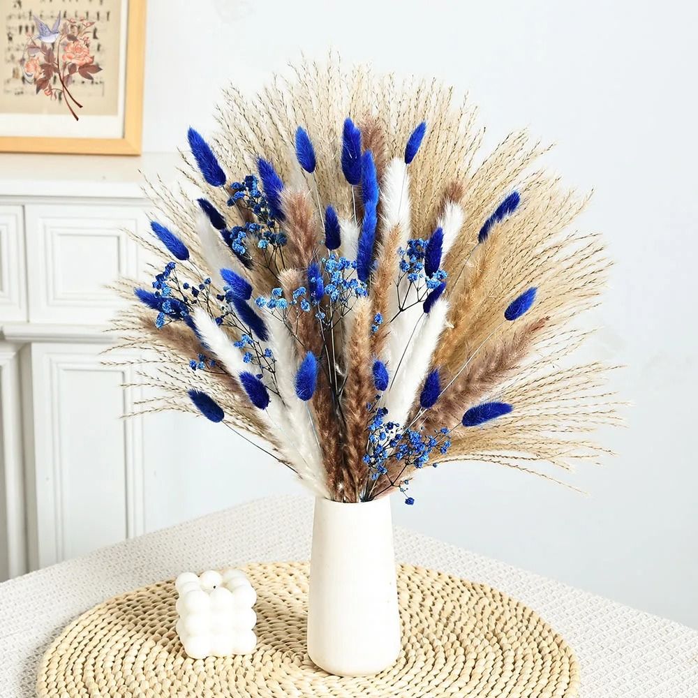 70-Stem Blue Rabbit Tail Pampas Grass | Dried Flower Bouquet with Gypsophila | Natural Interior Living Room Decor