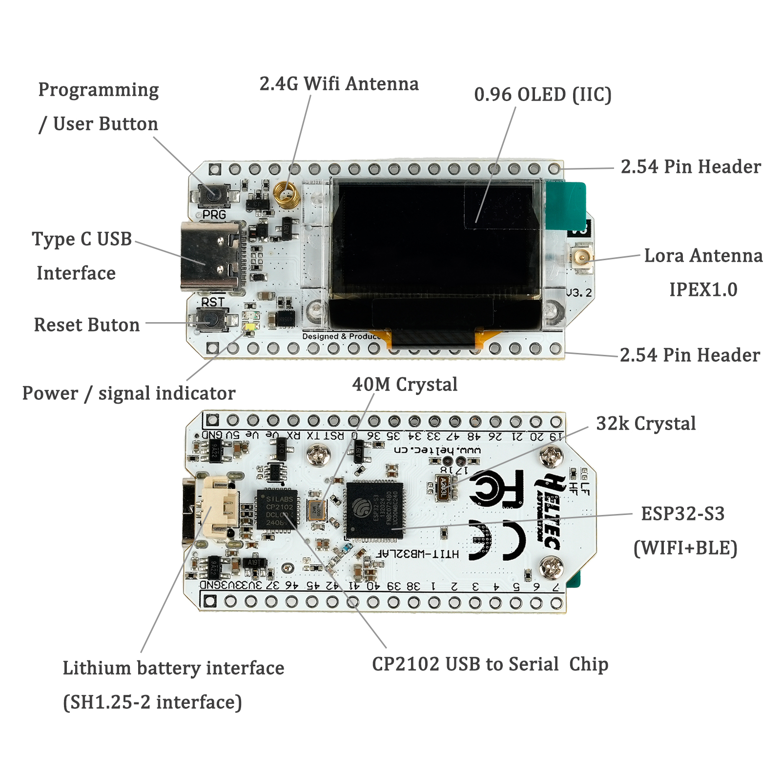 OLED Dev Board, WiFi Bluetooth LoRaWAN Kit Compatible with Arduino & Meshtastic Applications