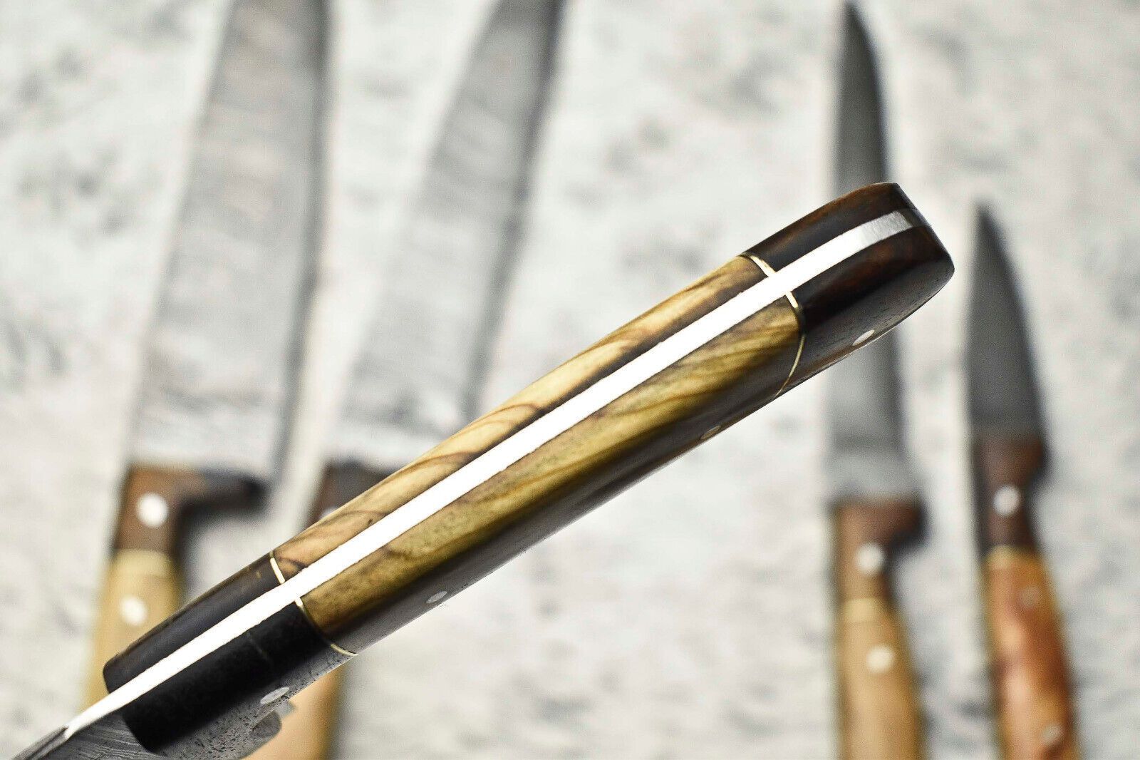 Lot of 5 Handmade Damascus Steel Chef Knives Set | Full Tang with Olive Wood Handles