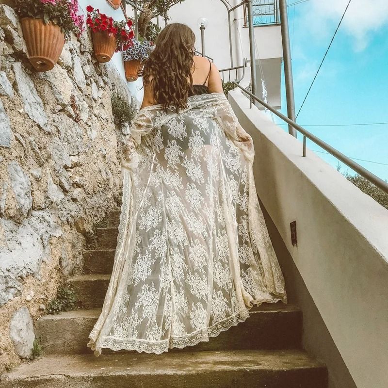 Womens Long Lace Sheer Nightgown – White Bridesmaid Robe & Sensual Kimono Bride Lingerie