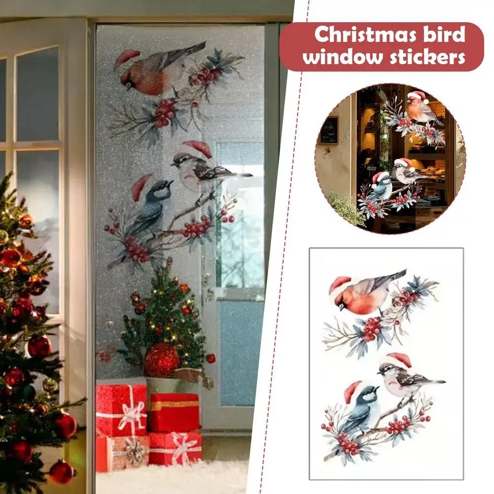 Christmas Bird and Tree Branch Window Static Stickers Set