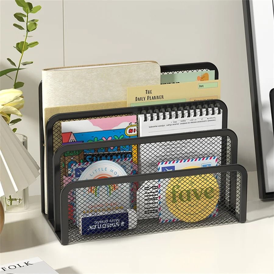 3 Tier Metal Mesh Desk Organizer Tray Black Document and Magazine File Holder Rack