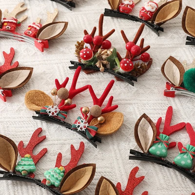 Christmas Deer Antler Hair Clips Set With Santa Hat And Reindeer Style