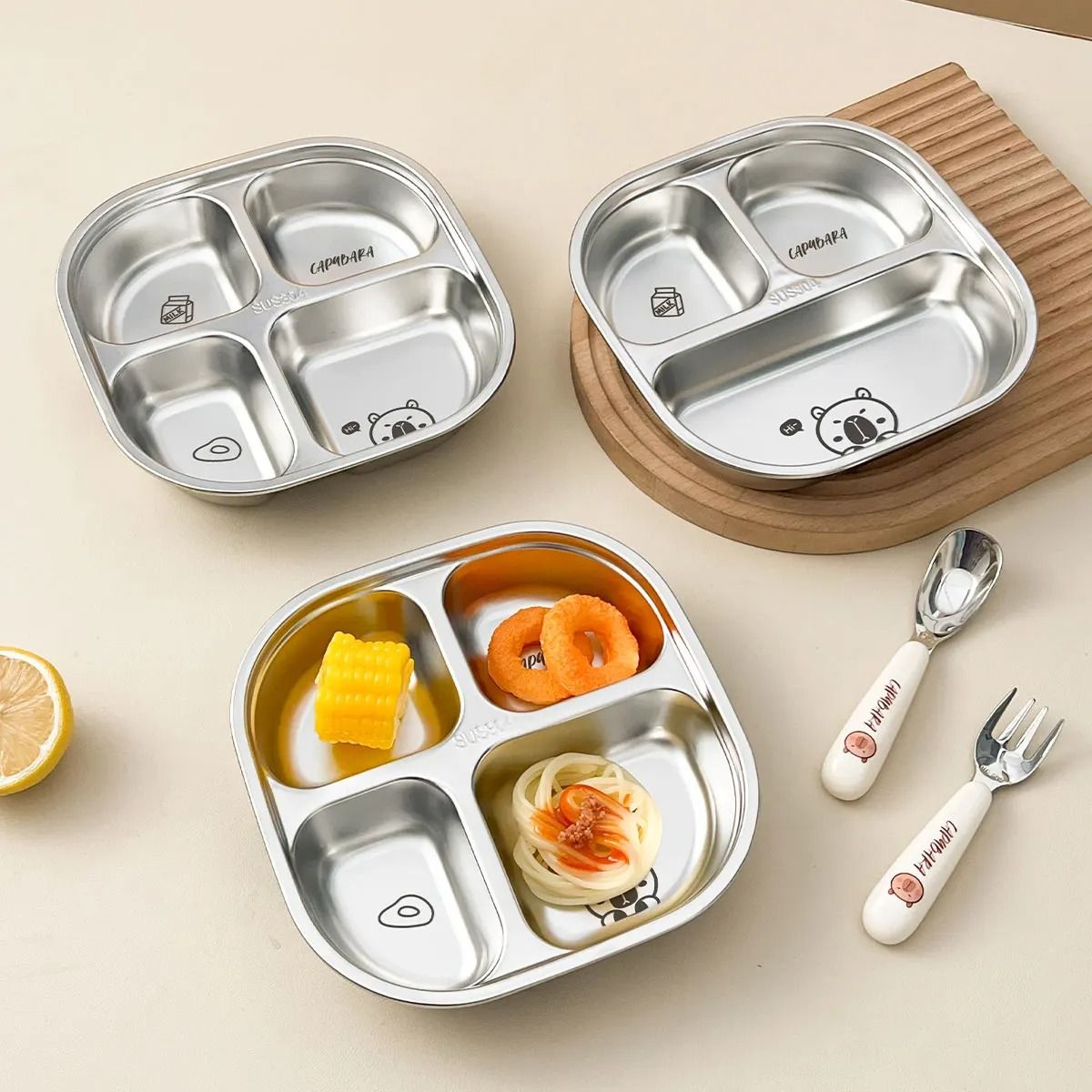 Capybara Stainless Steel Divided Plate 3 Compartment Kids Dinner Plate