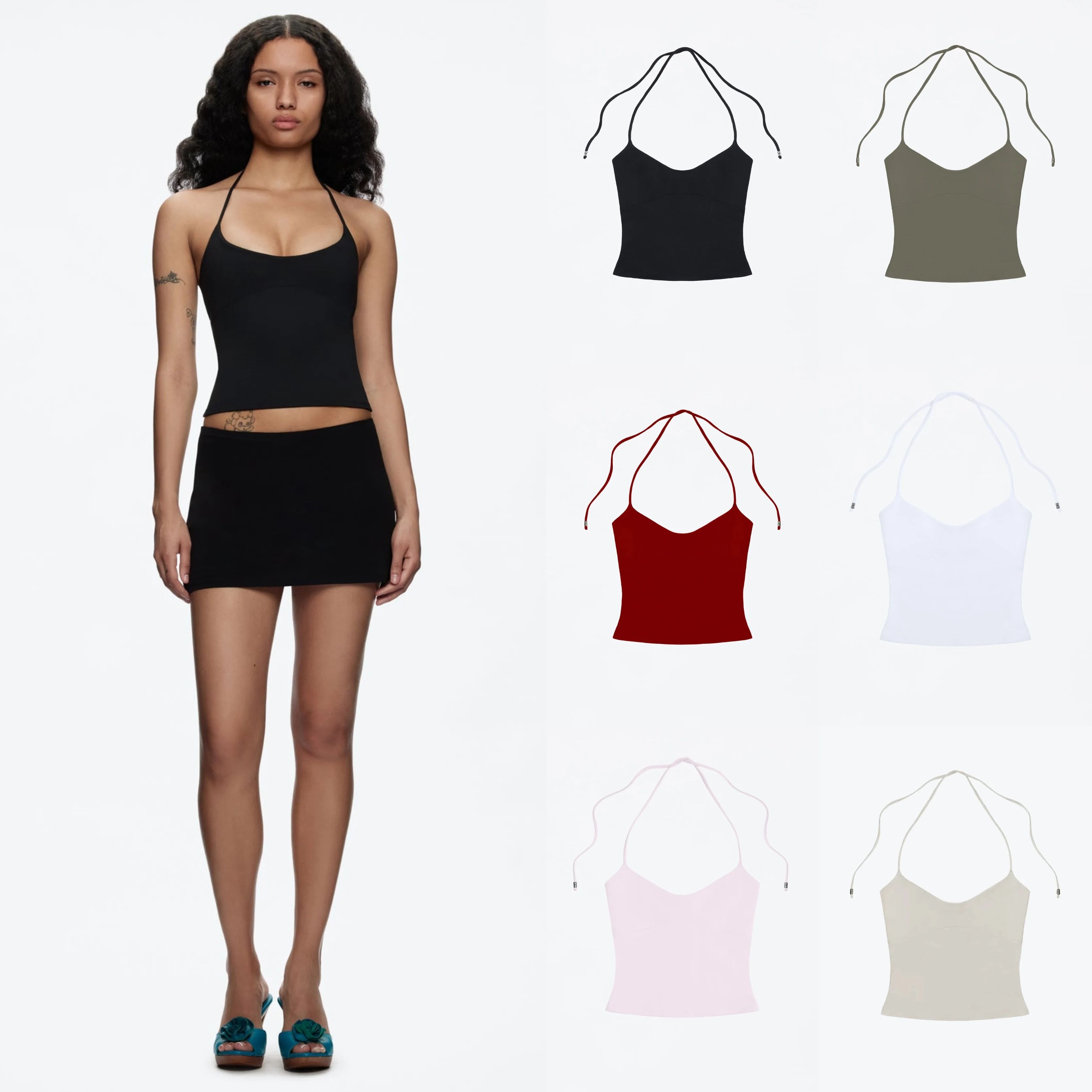 Open-Back Halter Cami Top – Stretchy Self-Tie Sexy Tank with Metal Detail