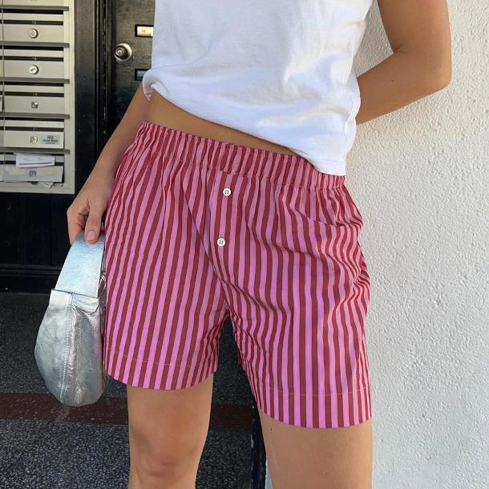 Women High Waist Vintage Striped Casual Summer Shorts