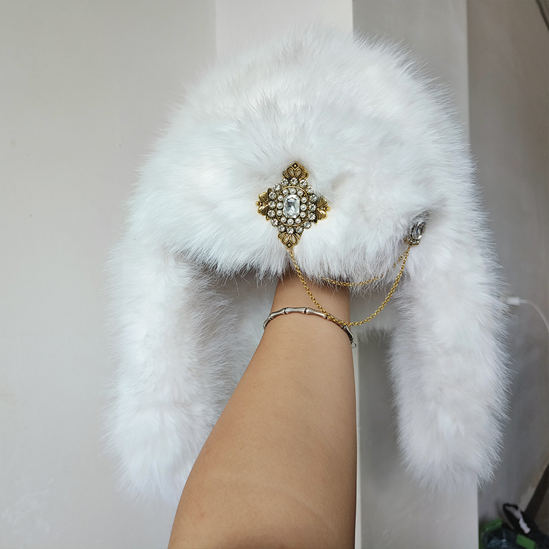 Womens Designer Luxury Bomber Hat, Ski Cap Faux Fur Pilot Hat, Diamond Thickened Winter Hat with Versatile Warm Ear