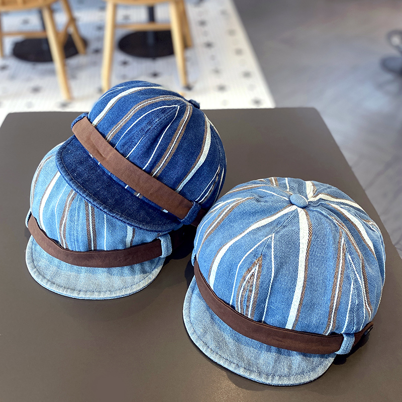 Cotton Denim Baby Beret Hat with Adjustable Soft Brim, Spring Autumn Daily Outing Unisex Infant Toddler