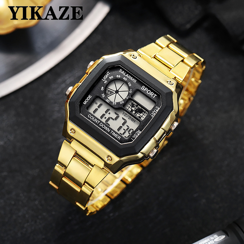 Men Digital Watch Stainless Steel Strap, Waterproof Countdown Sport Watches, LED Electronic Wristwatch for Gift