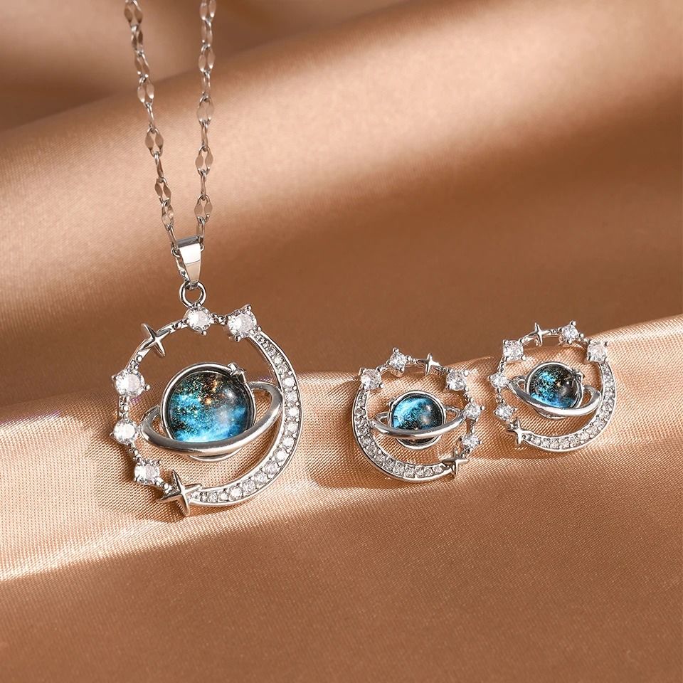 ZAKOL 2Pcs Titanium Steel Planet Round Earring Necklace Sets Niche Fashion Female Jewelry Gift