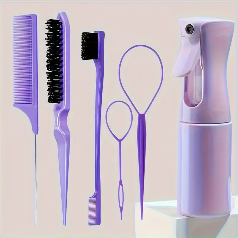 Premium Hair Styling Set: Teasing Brush, Edge Control Brush, Rat Tail Comb, and Spray Bottle for Hairdressing
