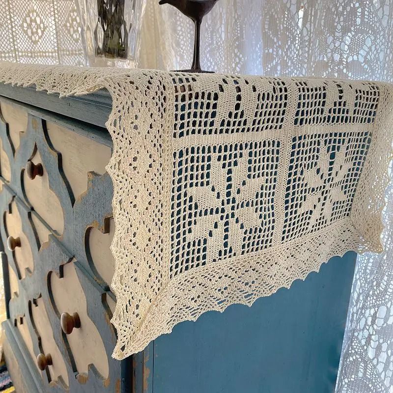 Retro Crochet Cotton Linen Table Runner with Lace Edge Boho Vintage Table Decor