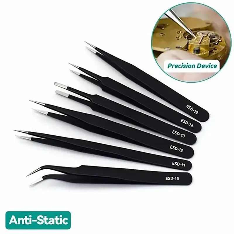 6 Pcs Precision Long ESD Stainless Steel Tweezers Set for Electronics and Repair