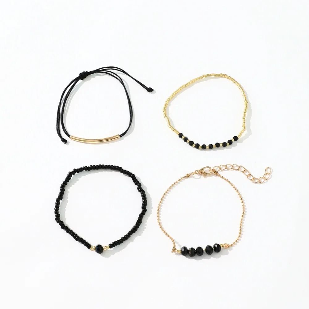 4 Piece Black Glass Stone Bracelet Set