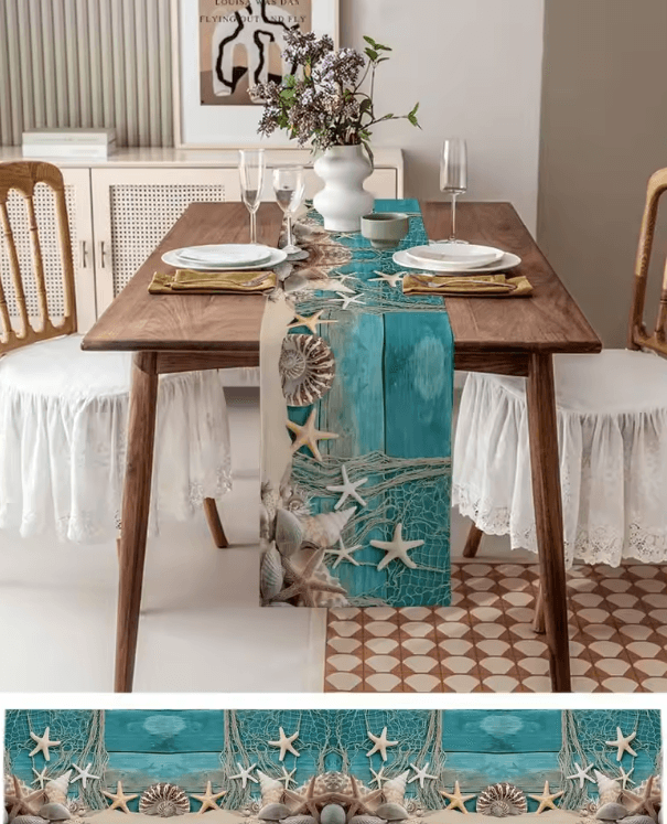 Coastal Starfish Linen Table Runner – Blue Ocean Beach Dining Decor