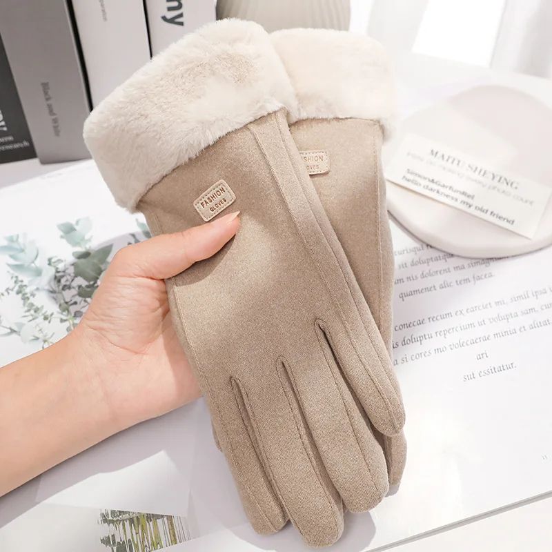 Fashion Warm Suede Women Winter Gloves, Thick Plush Touchscreen Outdoor Guantes for Cycling & Driving