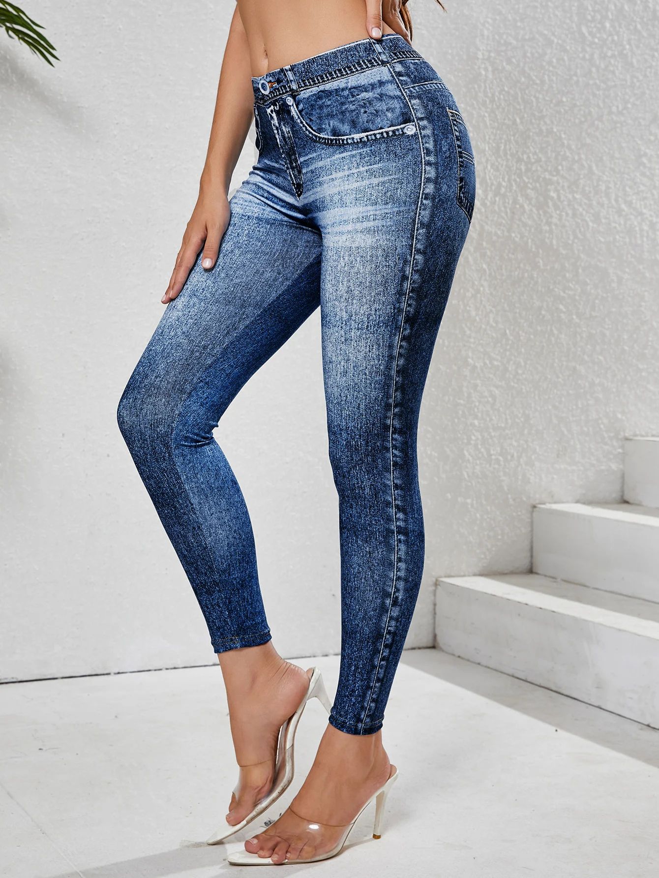 Denim Look High Waist Tummy Control Leggings with Pockets