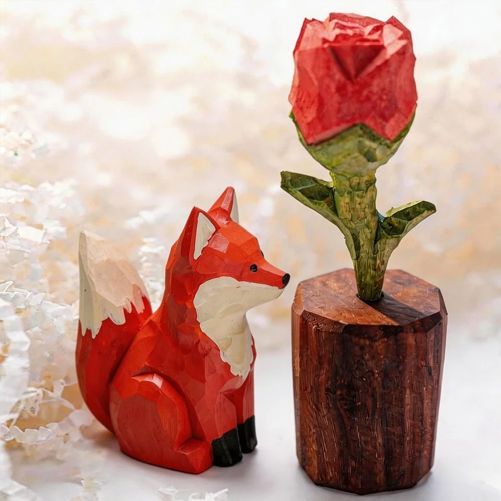 Handmade Wooden Fox Sculpture Vintage Animal Figurine Desk Decor