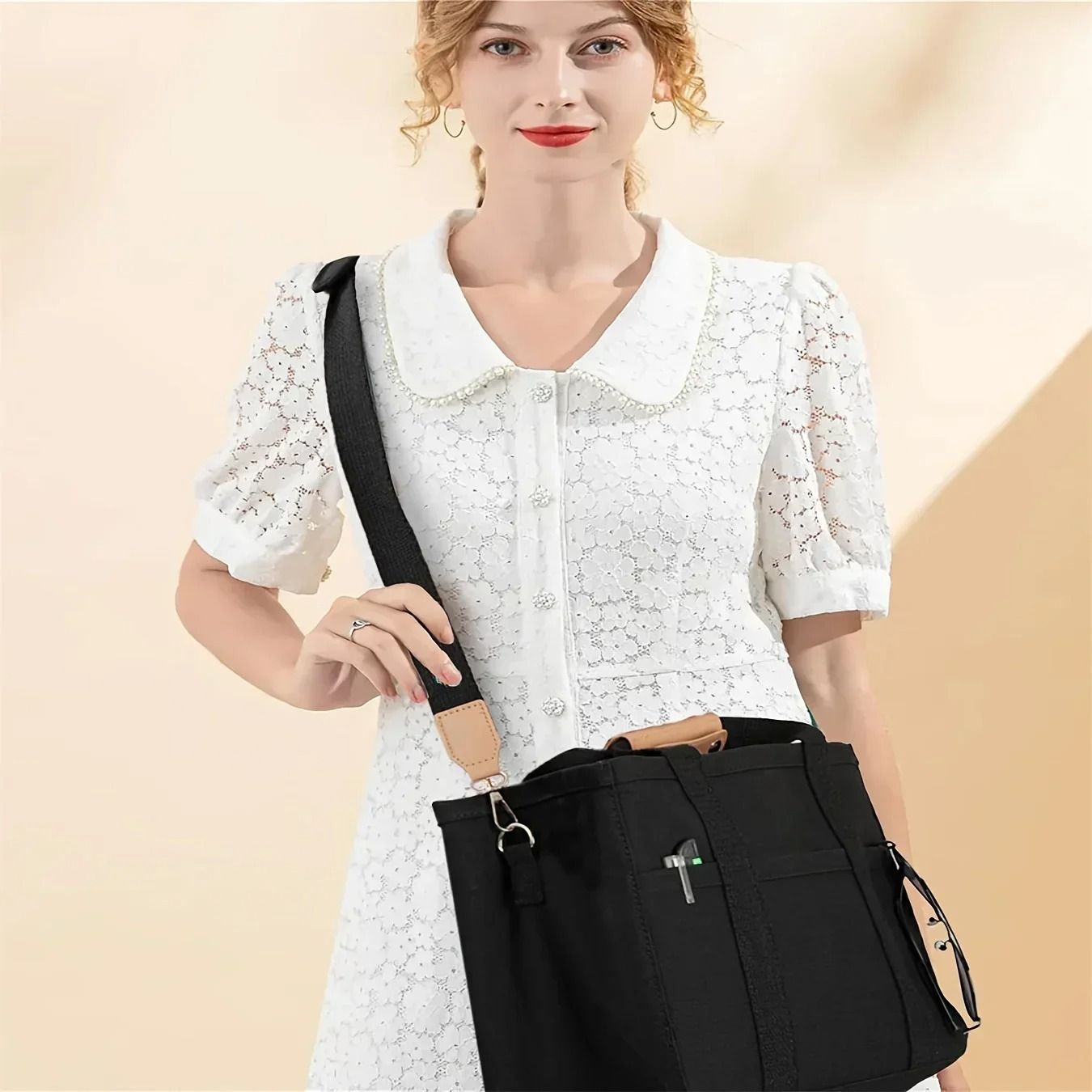 Ladies Canvas Handbag Multi Pocket Large Capacity Tote Bag