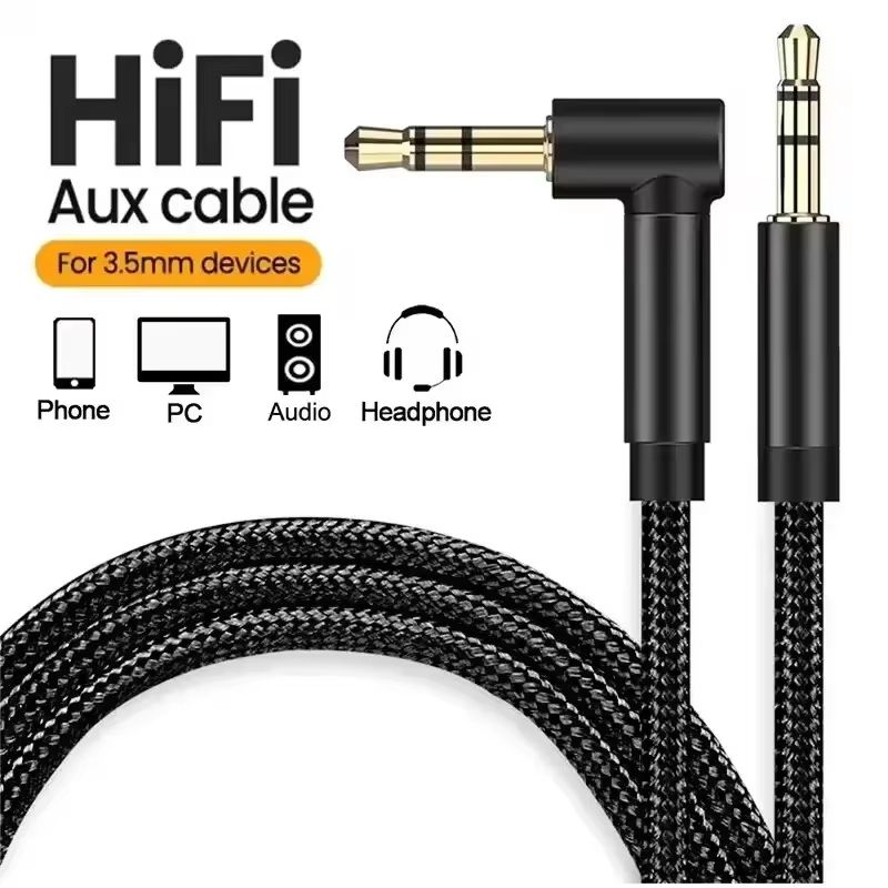 90° Elbow 3.5mm Audio Aux Cable Male-to-Male Stereo Wire