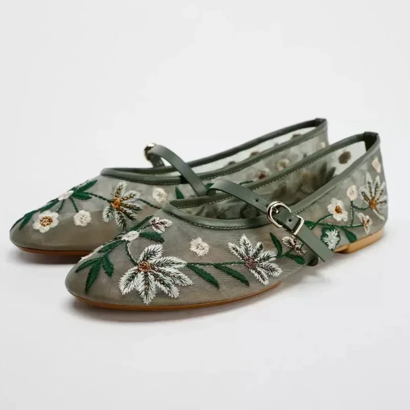 Luxury Designer Mesh Breathable Ballet Flats Women, Embroidered Flower Mary Jane Shoes, Lightweight Low Heel Summer