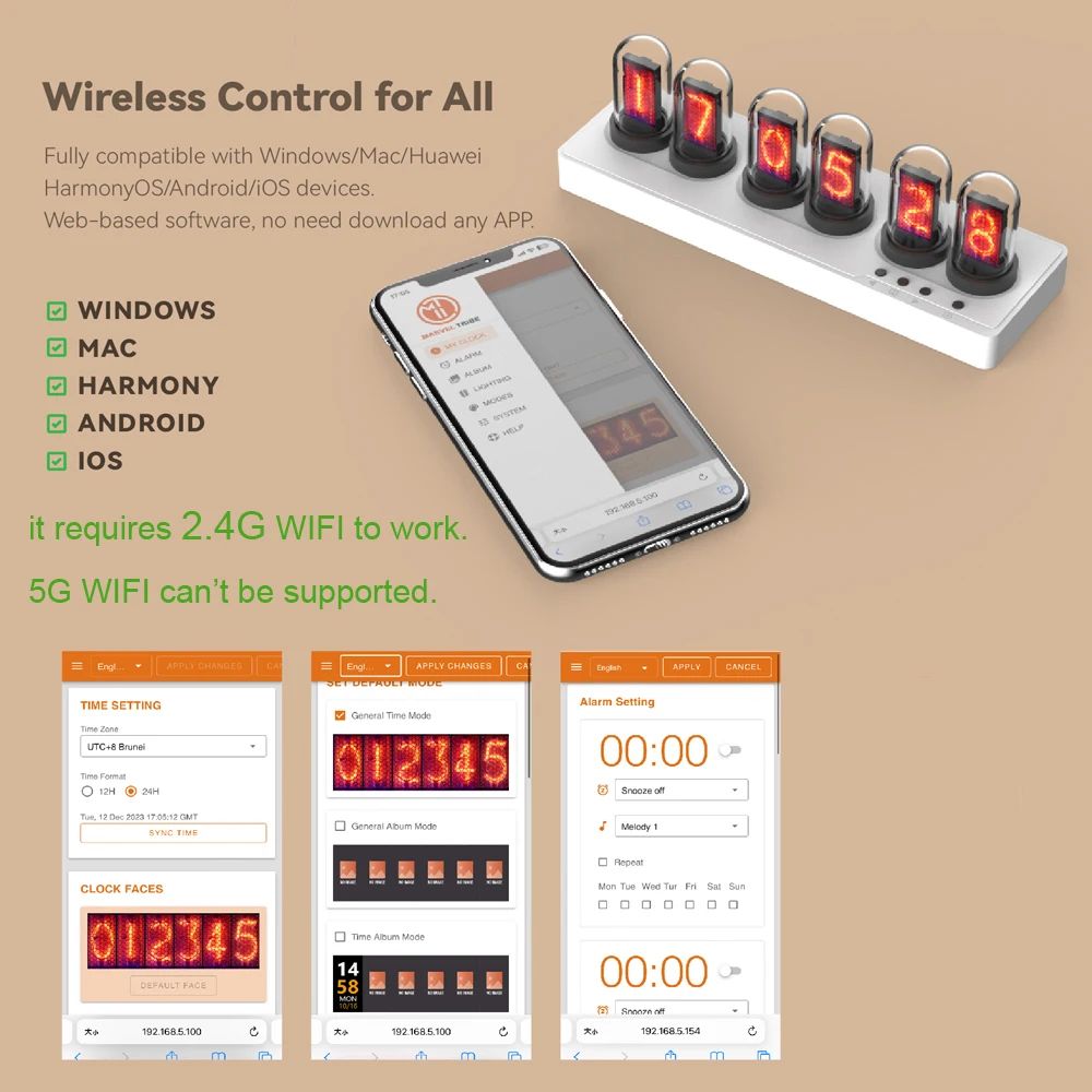 WiFi IPS Nixie Tube RGB Alarm Clock with DIY Display and Smart App Control