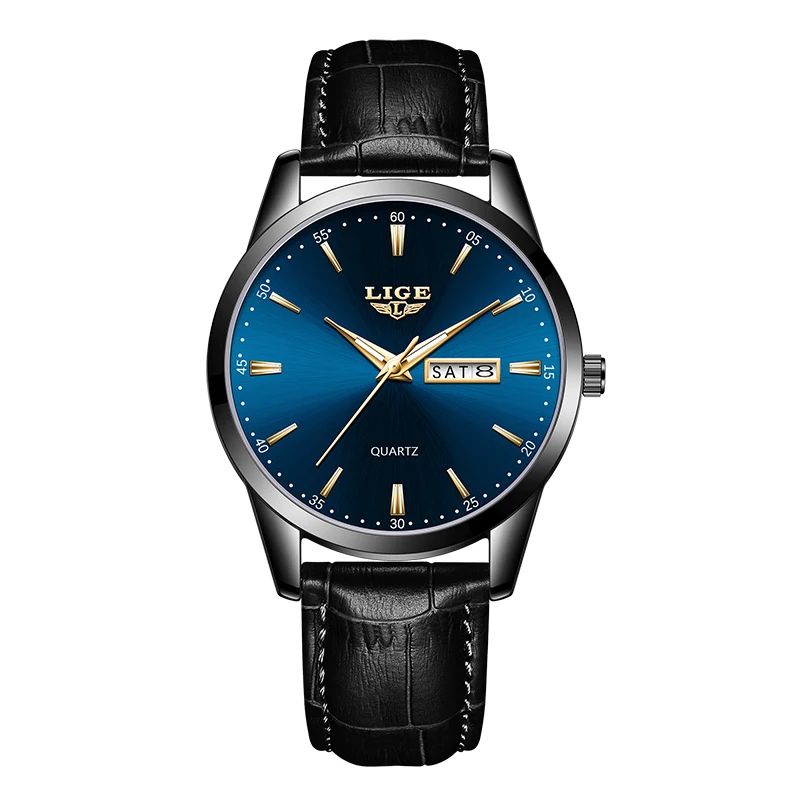 LIGE Executive Waterproof Men's Leather Quartz Watch with Luminous Date & Week Display