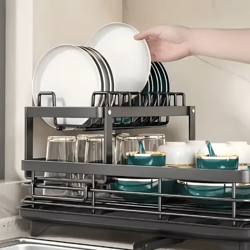 Double Tier Extendable Dish Drainer Large Capacity Adjustable Kitchen Countertop Rack
