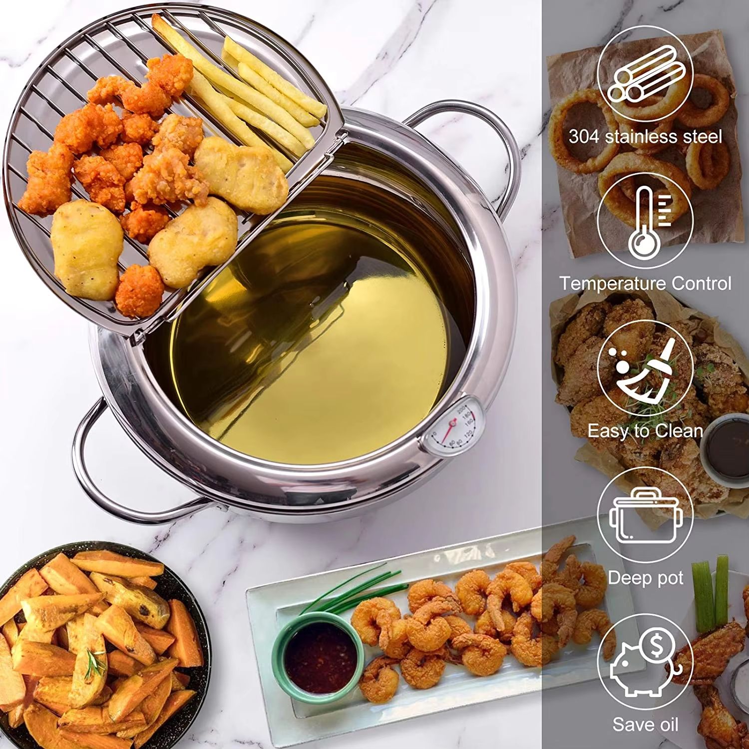 Japanese Stainless Steel Deep Frying Pot with Thermometer & Lid – Tempura Fryer Pan (20/24 cm)