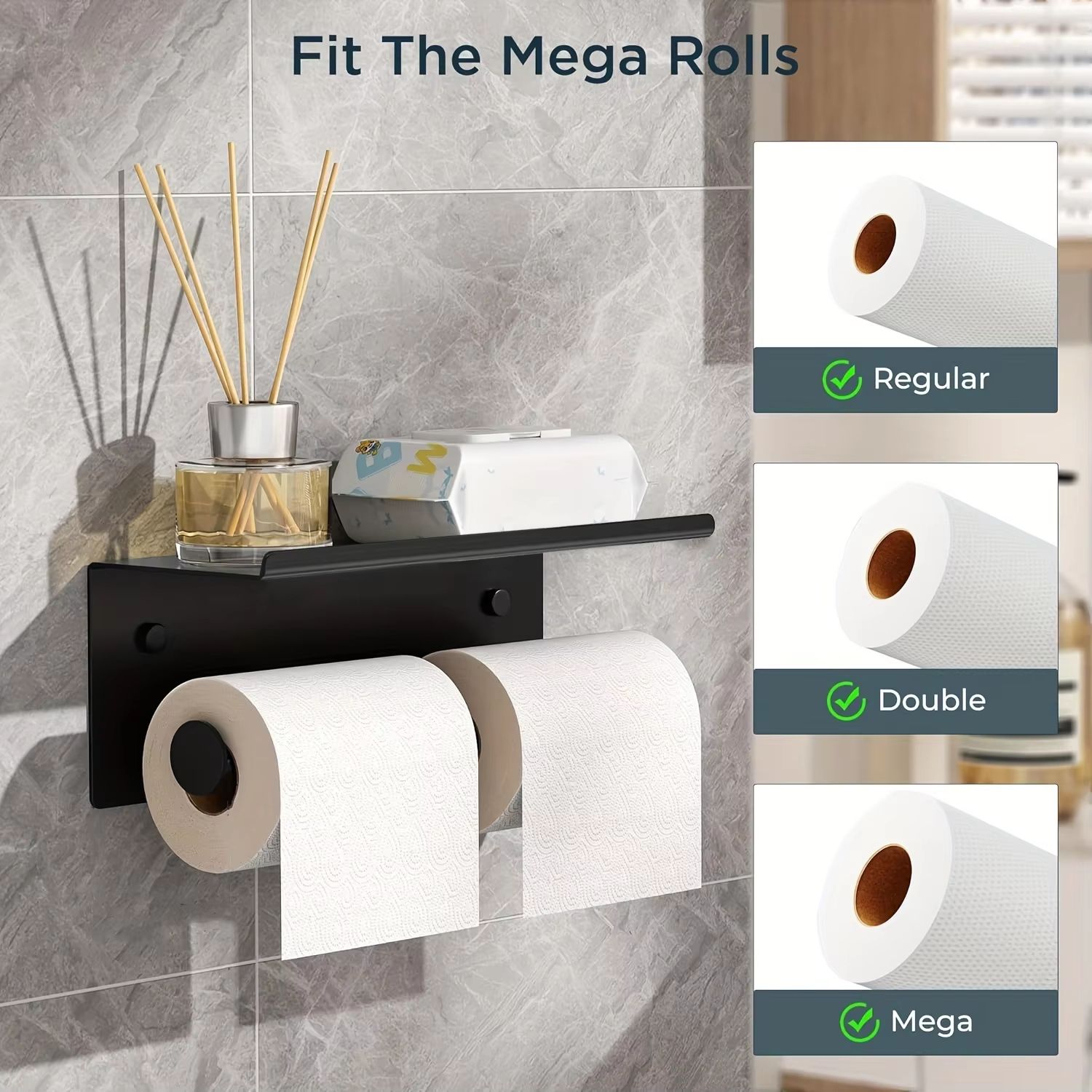 Stainless Steel Double Toilet Paper Holder with Shelf and Wall-Mount Storage