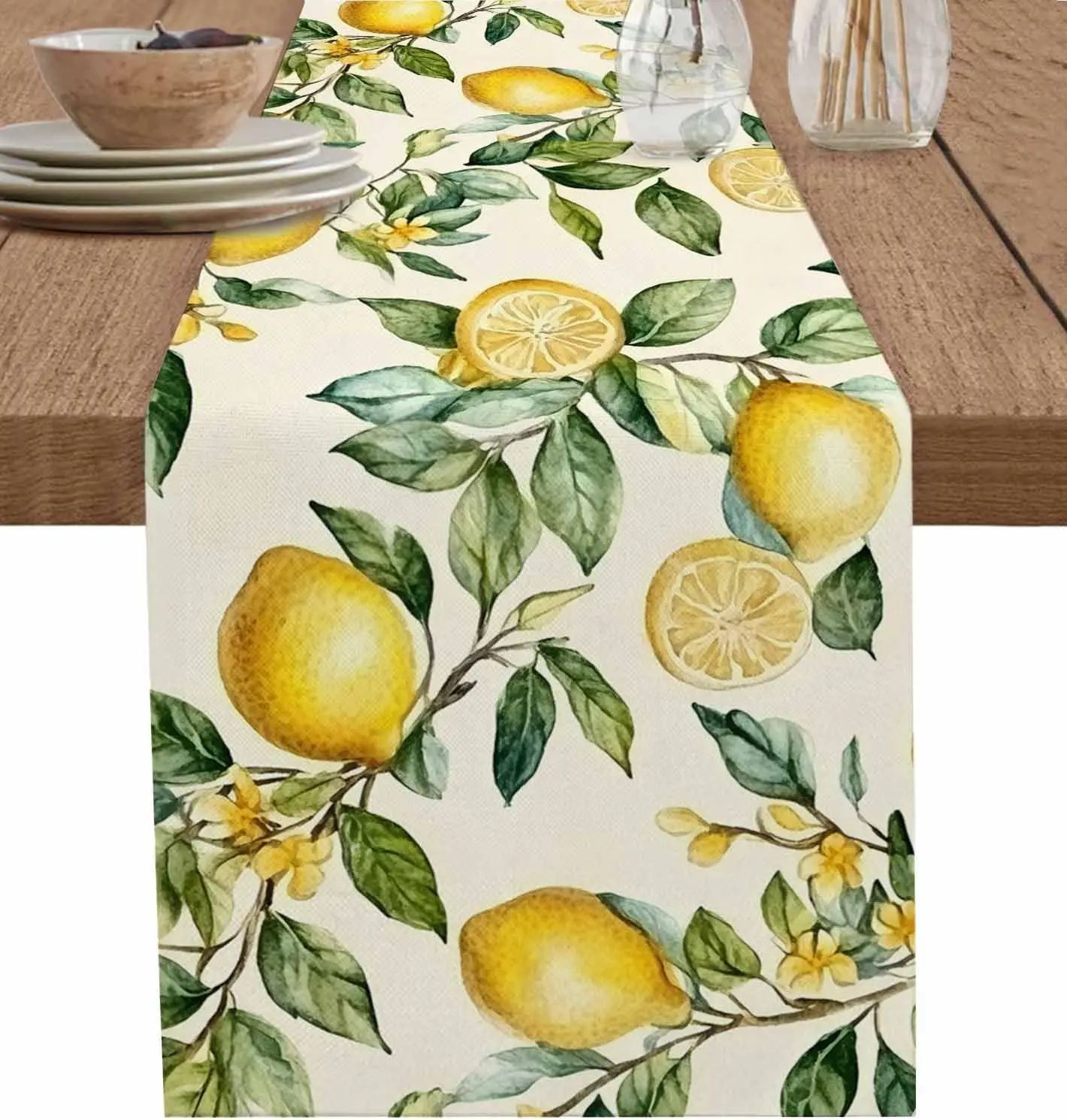 Watercolor Lemon Linen Table Runner for Dining Table – Summer Green Leaf Farmhouse Kitchen Decor