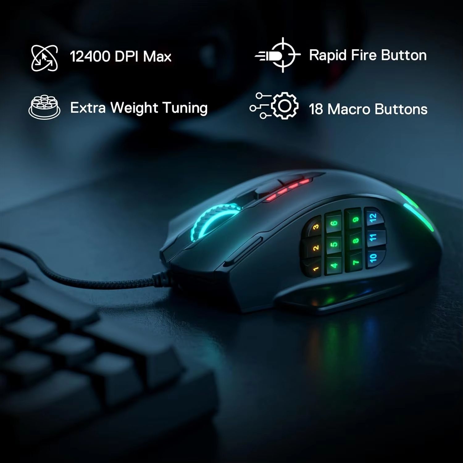 Redragon M908 Impact RGB Wired MMO Gaming Mouse, 18 Programmable Buttons, 12400 DPI