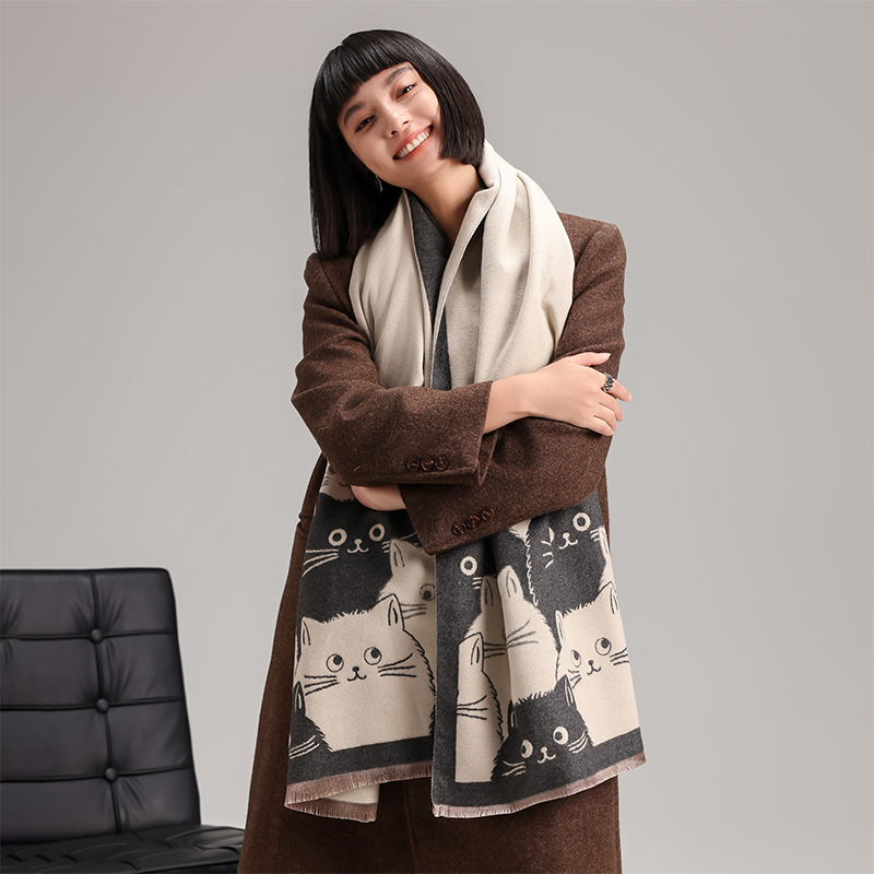 Cute Cat Ladies' Jacquard Pashmina Cashmere Scarf, Winter Thick Warm Shawl, Coldproof Windproof Blanket for Warmth