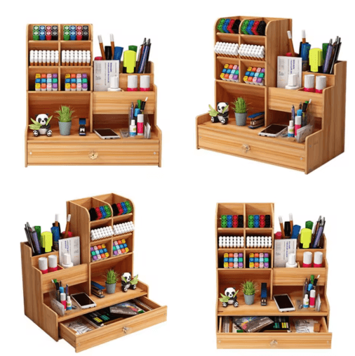 Simple Wooden Pen Holder Desk Organizer with Drawer for Study and Office