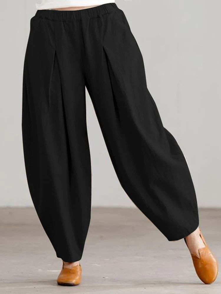 Women Summer Cotton Wide Leg Pants Elastic Waist Loose Casual Trousers