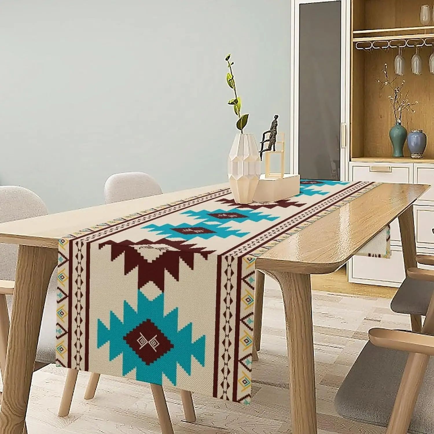 Aztec Tribal Linen Table Runner for Dining Table – Boho Geometric Farmhouse Kitchen Decor