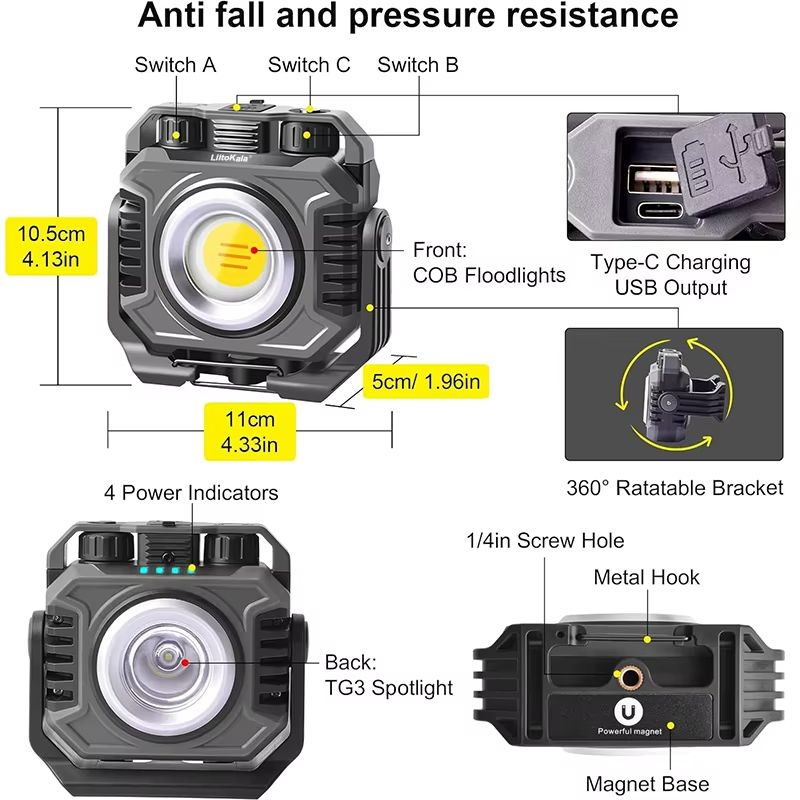LiitoKala LF-786 Rechargeable Work Light with 5000mAh Battery – Magnetic 360° Rotation & Adjustable Color Temperature