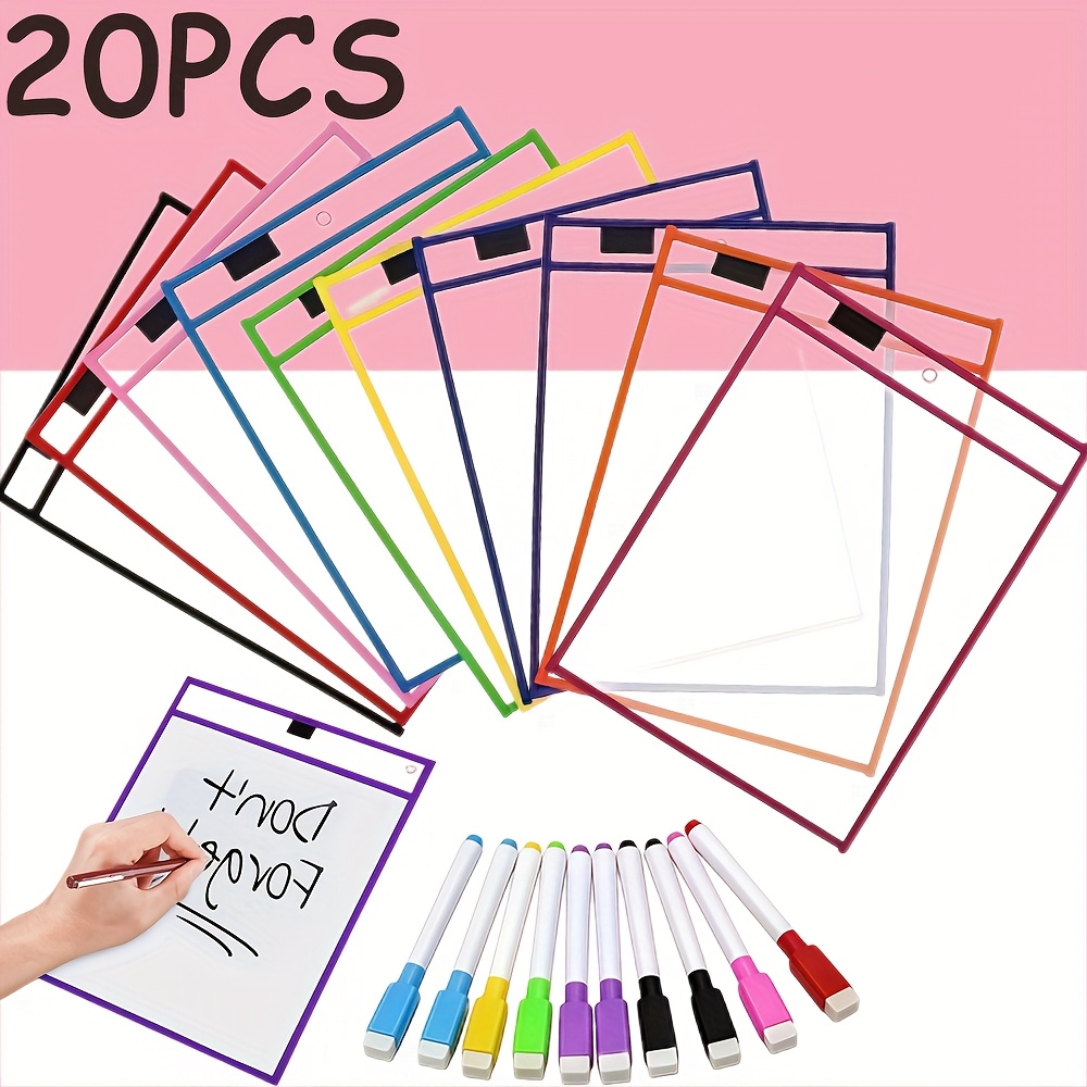 Extra Large Reusable Dry Wipe Pocket Set with Transparent Plastic Protection for Schools