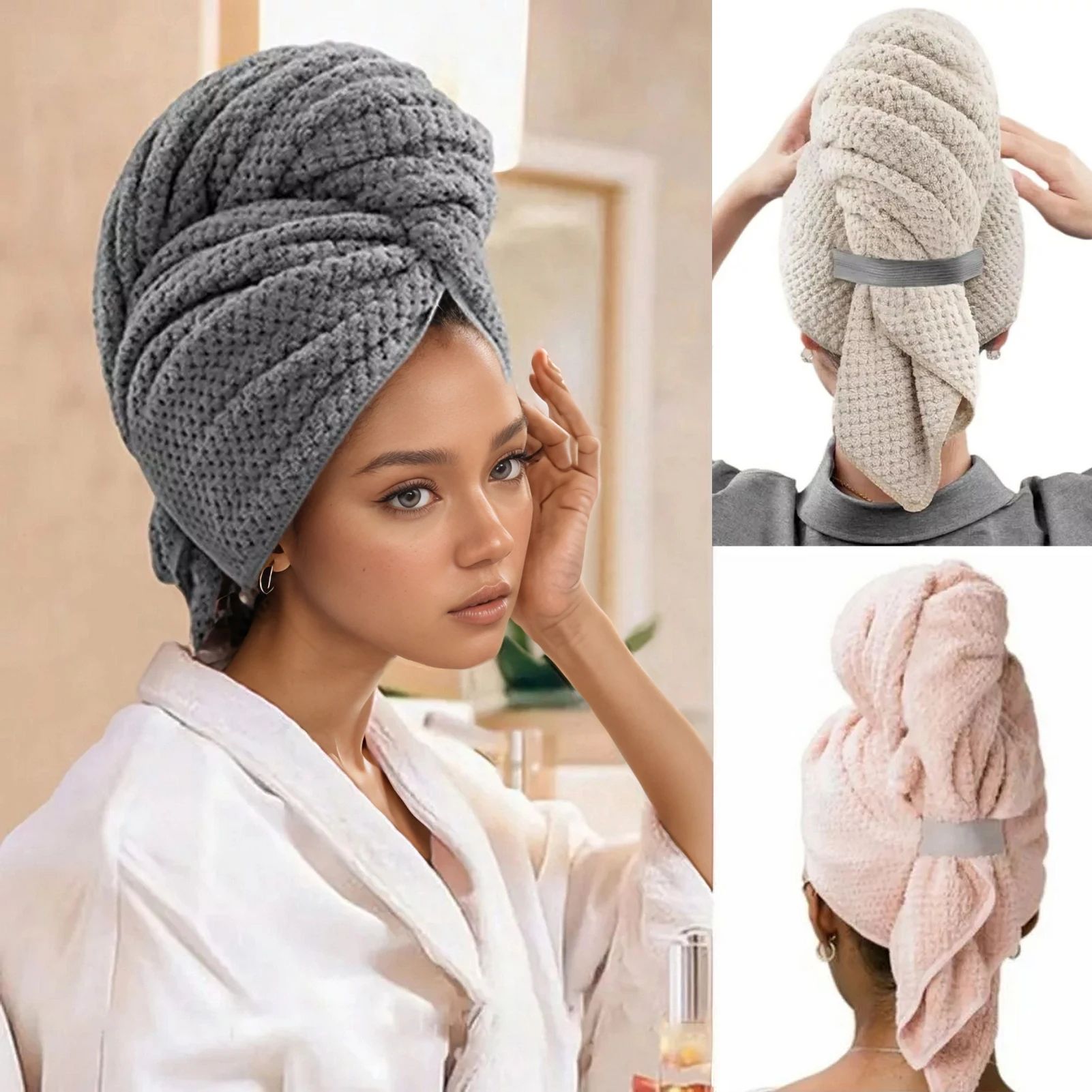 Large Microfiber Hair Towel Wrap – Ultra Soft Quick-Dry Anti-Frizz Hair Turban with Elastic Loop