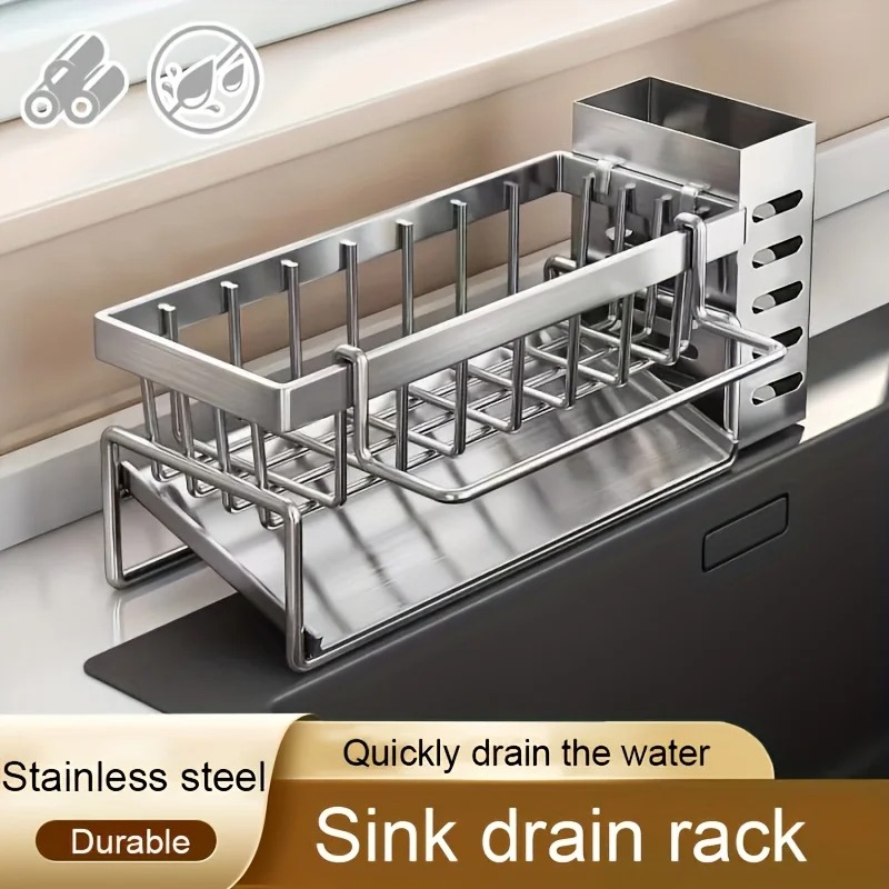 Kitchen Multifunctional Stainless Steel Sink Drain Rack Organizer, Kitchen Sponge Cleanser Holder, Drain Rack for Sink