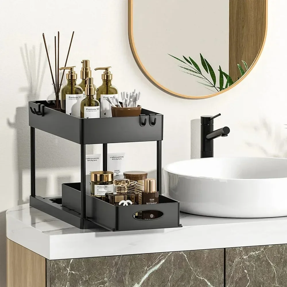Sliding Cabinet Basket with Hooks, Under Sink Organizer, Bathroom Kitchen Space Saving Rack with Hanging Cup