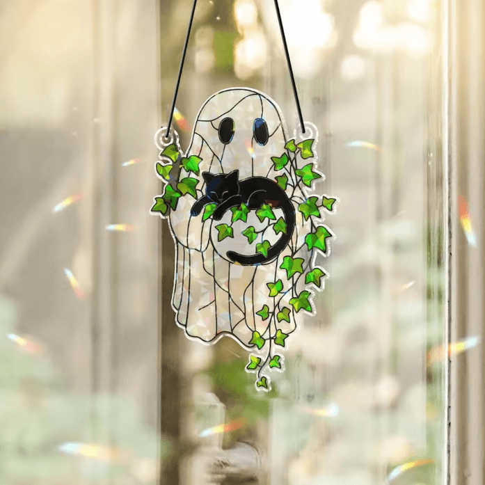 Cute Halloween Ghost Acrylic Suncatcher – Black Cat Window Hanging Ornament