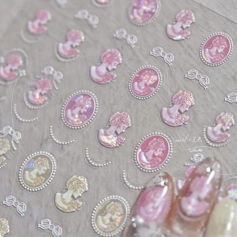 Baroque Pearl Nail Stickers With Iridescent Shell And Lace Pattern