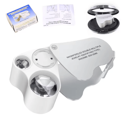 30X 60X LED Lighted Jewelry Magnifier – Portable Dual Magnification Pocket Loupe