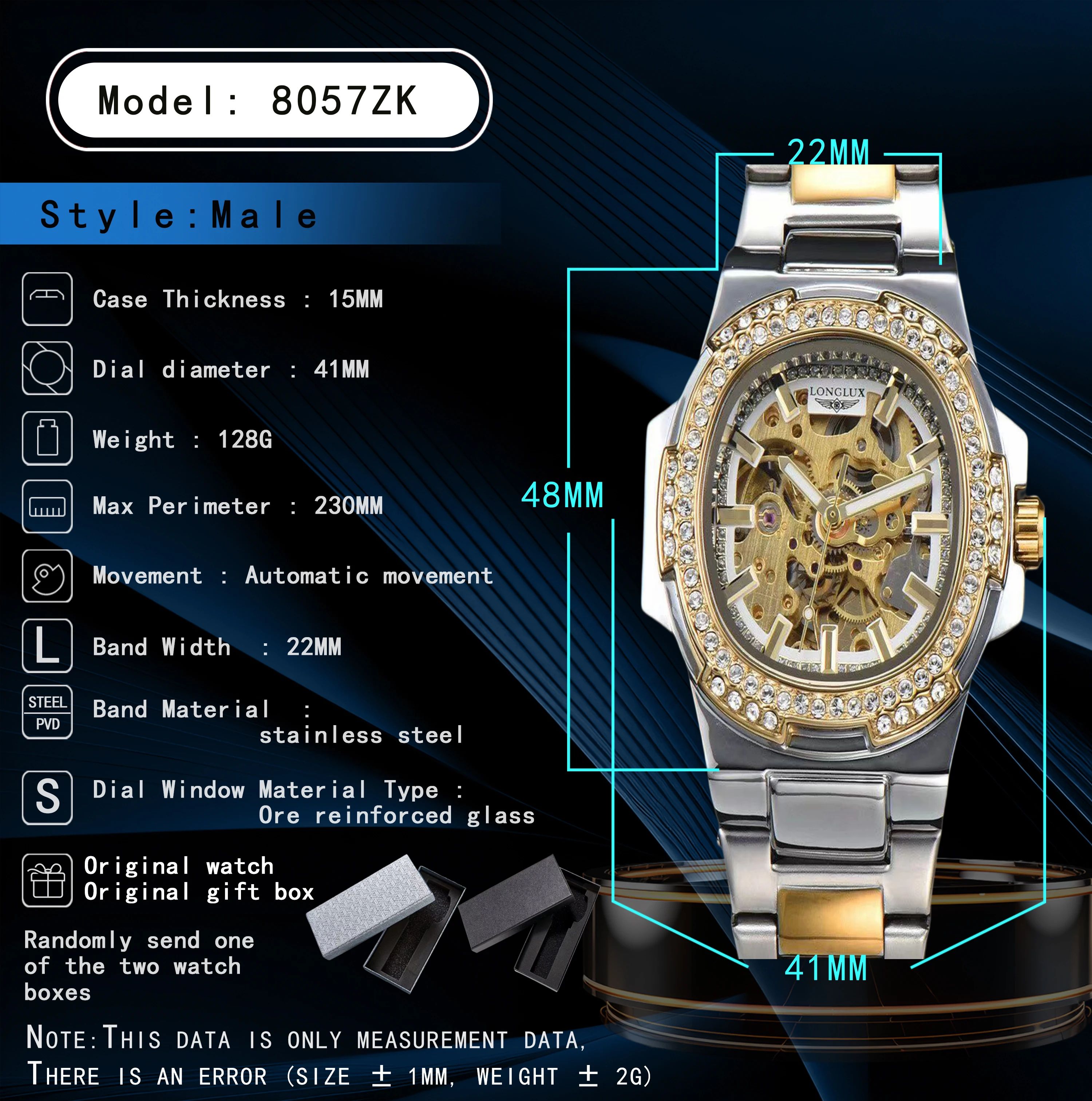 LONGLUX Luxury Skeleton Automatic Men's Diamond Stainless Steel Watch